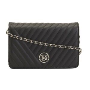 Badgley Mischka Black Quilted Crossbody Bag with Round Logo and Chain Strap